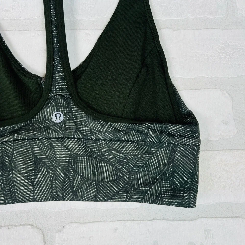 Lululemon Front Zip Racerback Sports Bra Green Geometric Palm Leaf Print Size 4